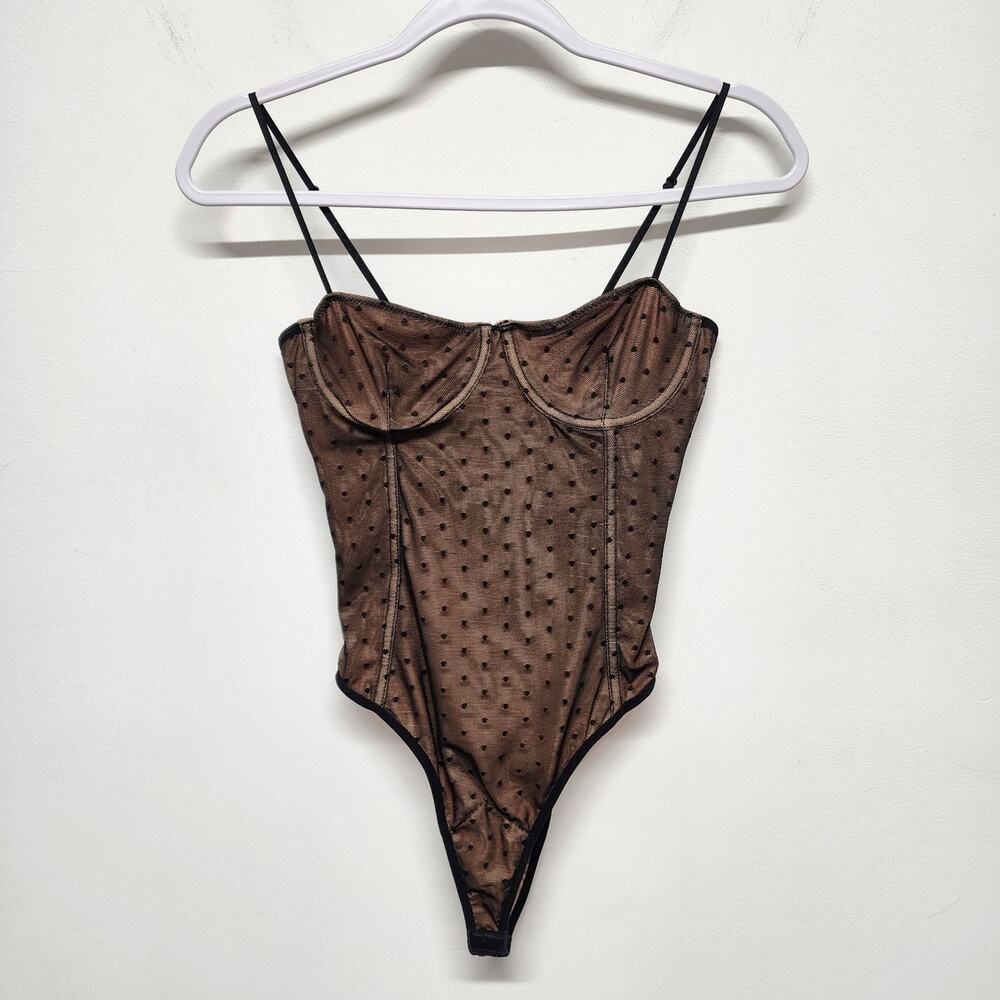 White Fox Womens Black Mesh Corset Bodysuit Size S Polka Dot Underwire Boning
